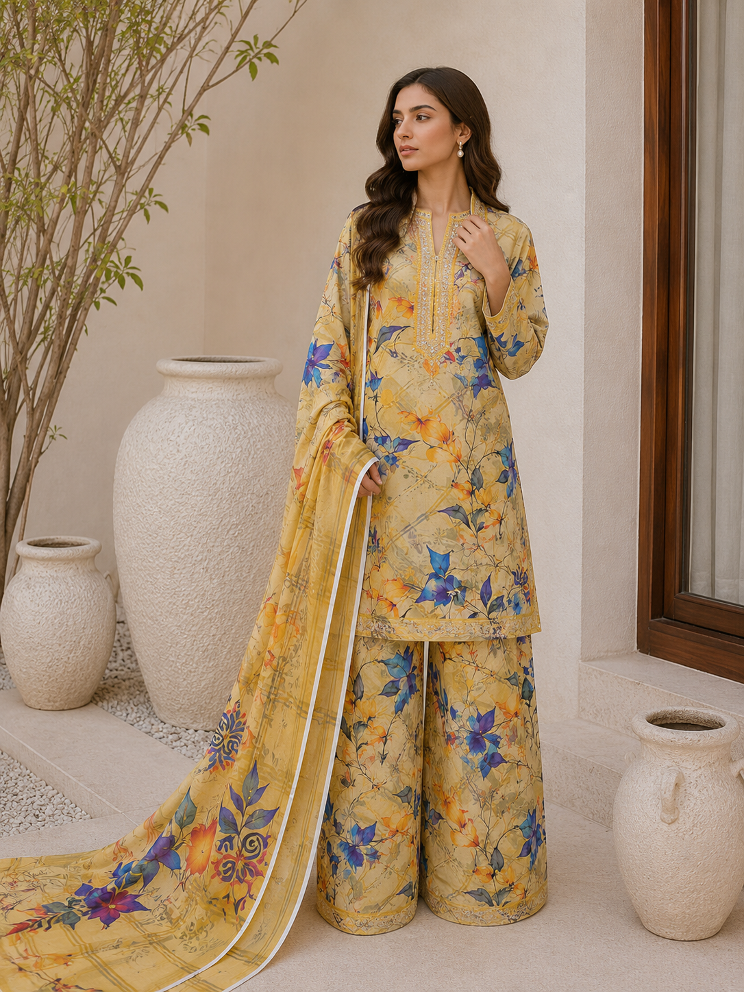 Floral 3PC Lawn Suit with Voile Dupatta