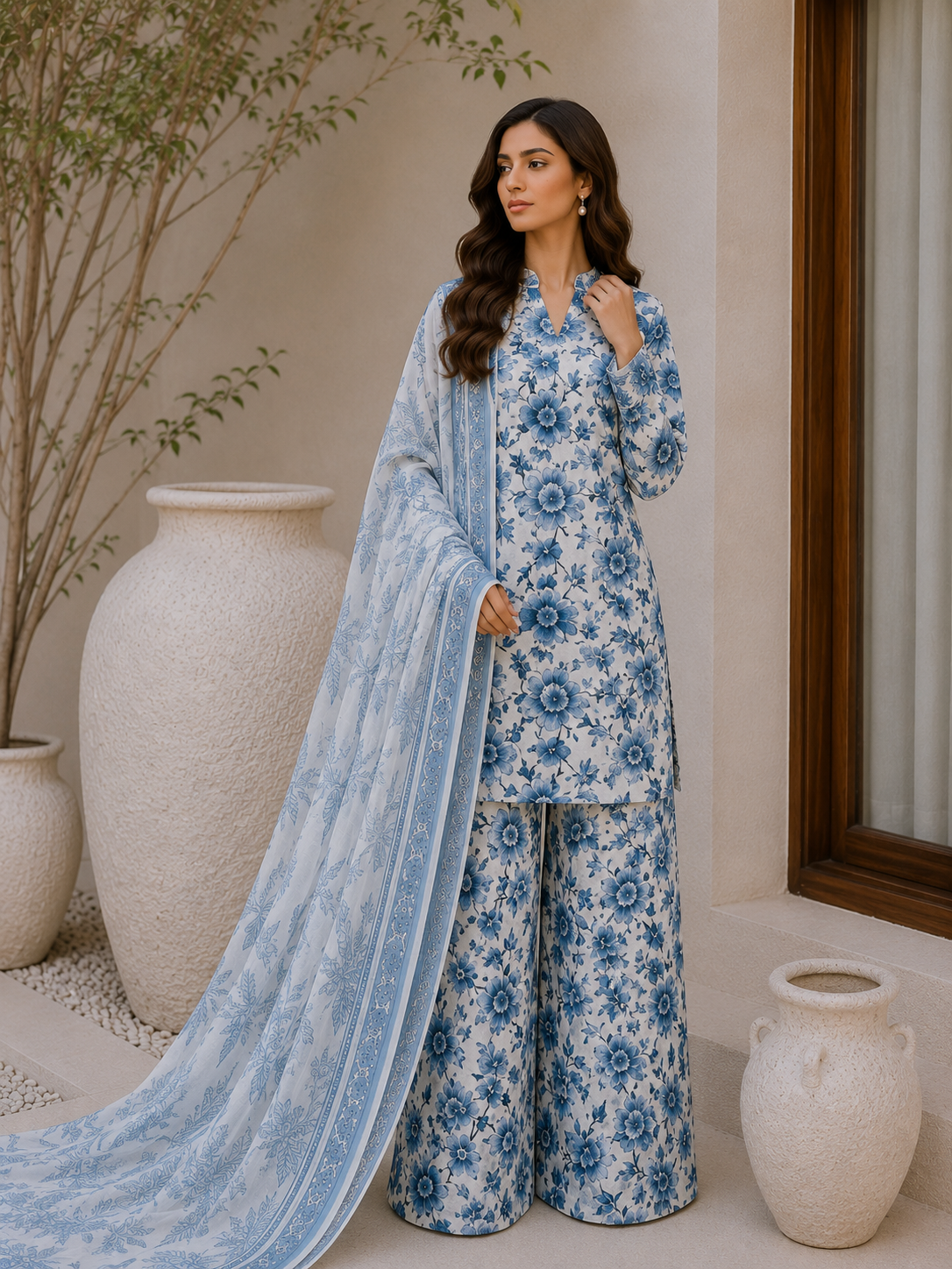 Floral 3PC Lawn Suit with Voile Dupatta