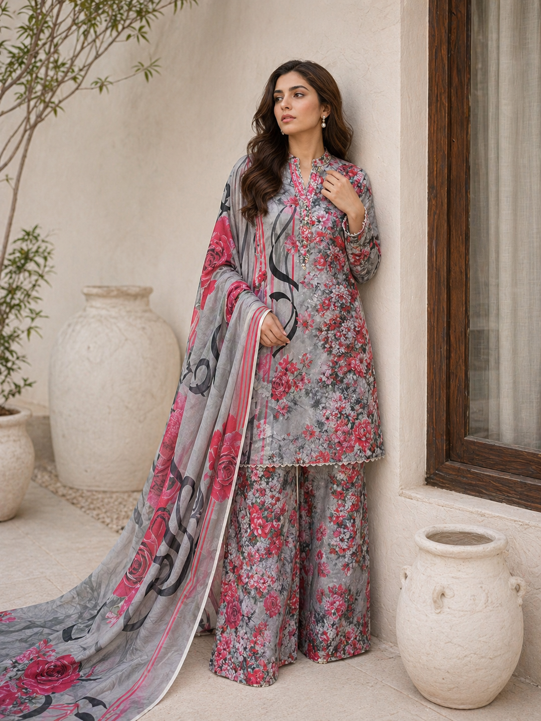 Floral 3PC Lawn Suit with Voile Dupatta